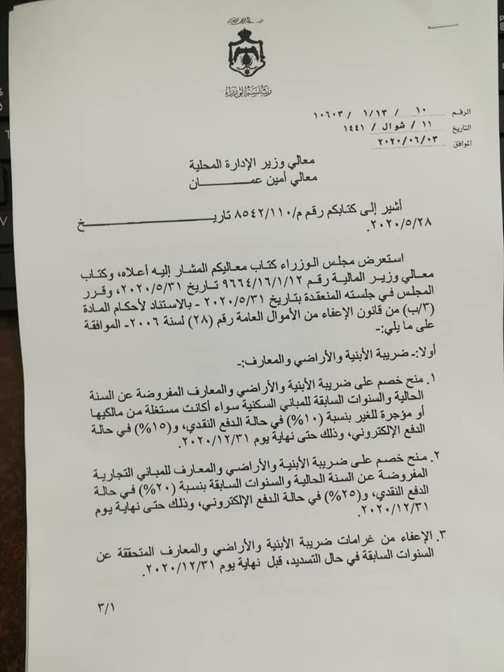 إيعاز من الأمانة بخصوص تطبيق قرار مجلس الوزراء بإجراء خصومات على ضريبة الأبنية و الأراضي