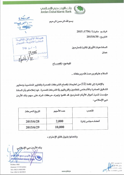 "تنمية اموال الايتام " تشتري 12000 الف سهم  من اسهم " دبي الاسلامي "