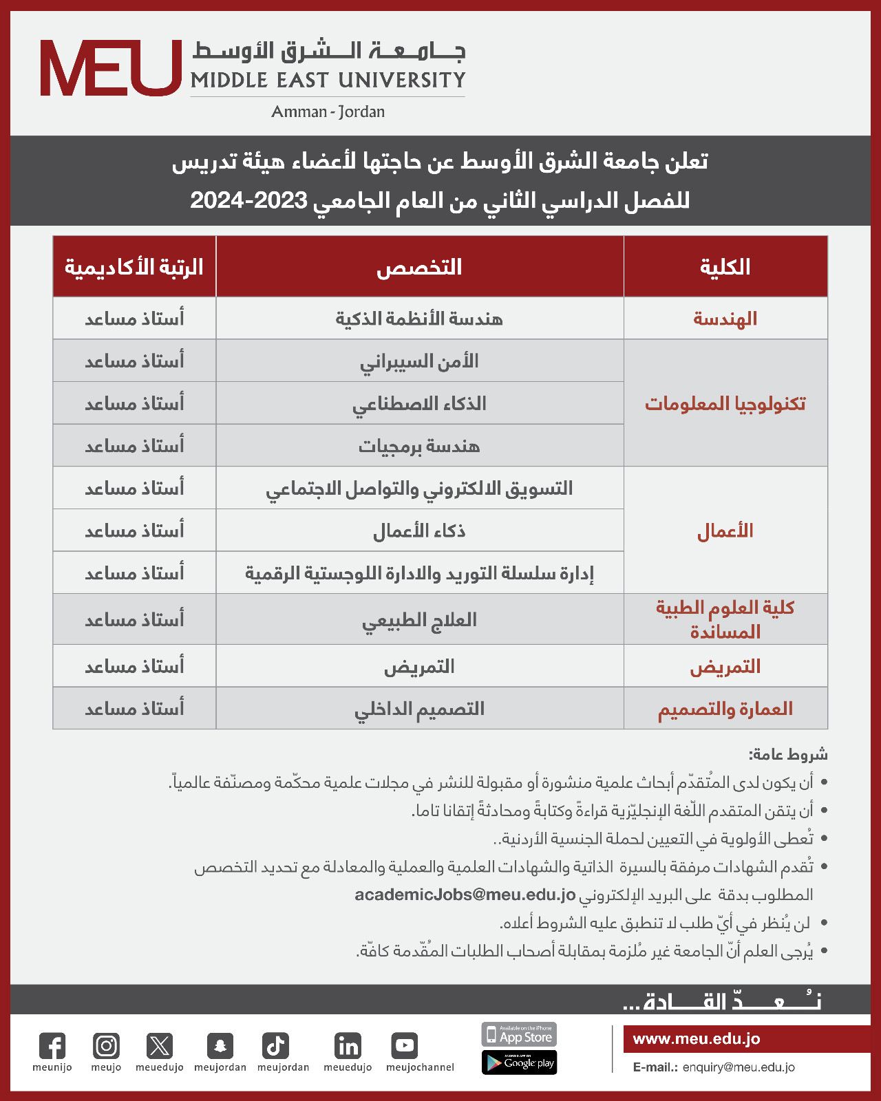 جامعة الشرق الأوسط تعلن عن حاجتها لأعضاء هيئة تدريس 