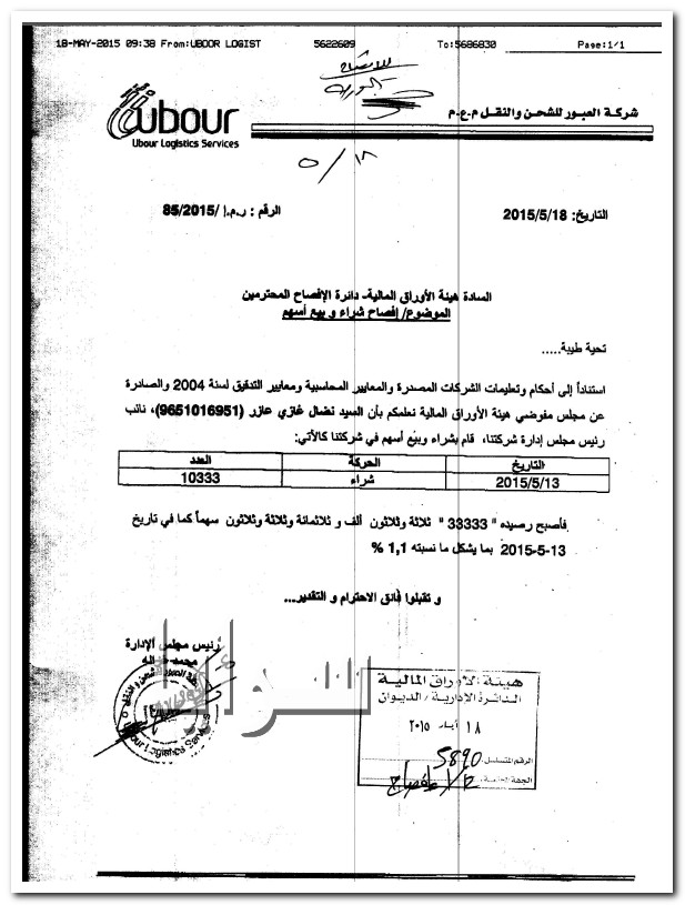 نائب رئيس شركة العبور للشحن والنقل يشتري 10333 سهما"وثيقة "