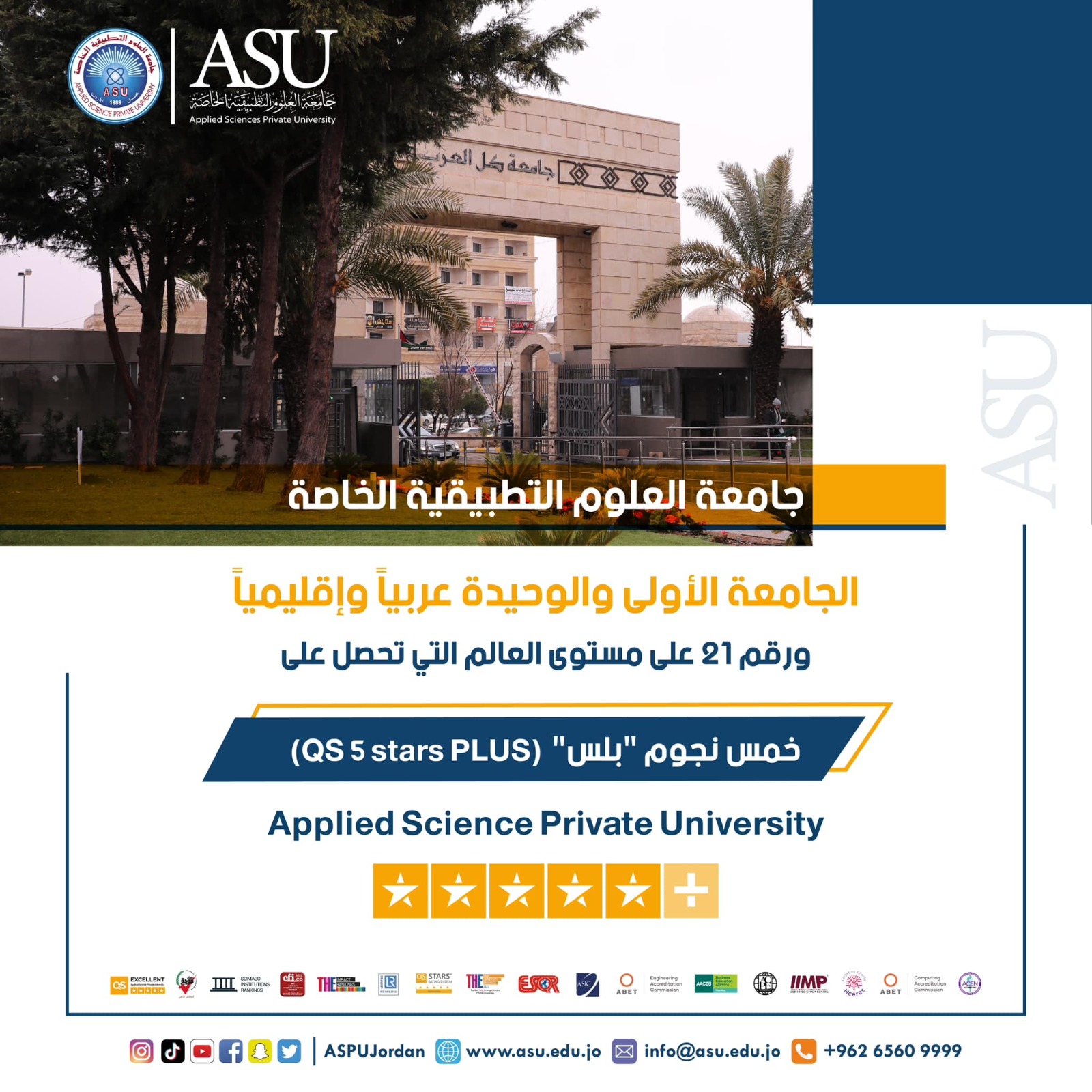 جامعة العلوم التطبيقية الخاصة على القمة كأول جامعة عربية وإقليمية ورقم 21 عالمياً بحصولها على خمس نجوم "بلس" في تقييم الـ كيو أس (QS) العالمي