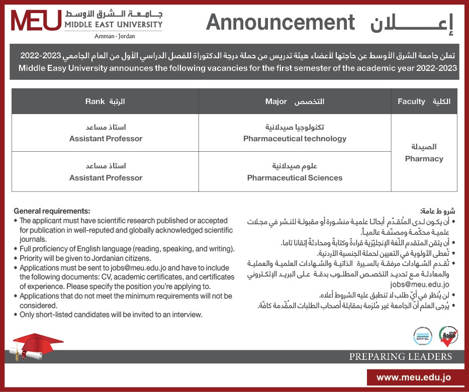 وظائف اكاديمية شاغرة في جامعة الشرق الأوسط 
