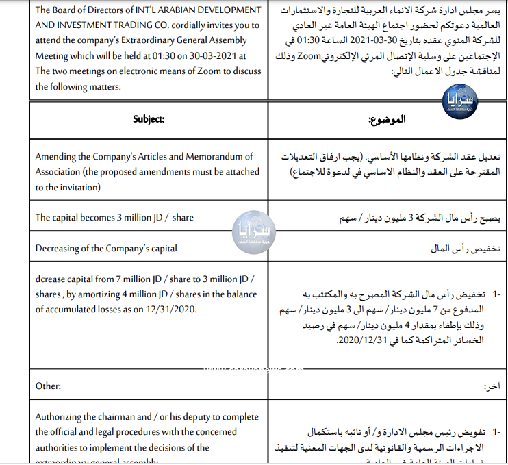 شركة الإنماء العربية للتجارة والاستثمارات العالمية تخفض رأس مالها إلى 3 مليون دينار لإطفاء 4 ملايين دينار من الخسائر المتراكمة ..  وثيقة