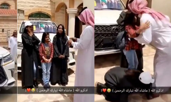 بالفيديو  ..  أب سعودي يُهدي بناته الـ3  سيارة “جيب لكزس”