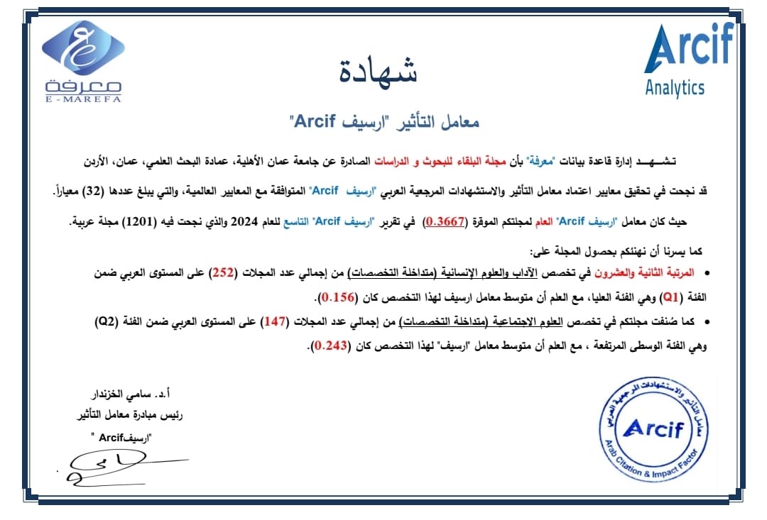 مجلة البلقاء في عمان الأهلية ضمن الفئة الأولى (Q1)  بتخصصات الآداب والعلوم الإنسانية عربياً وفق تصنيف "أرسيف" 2024