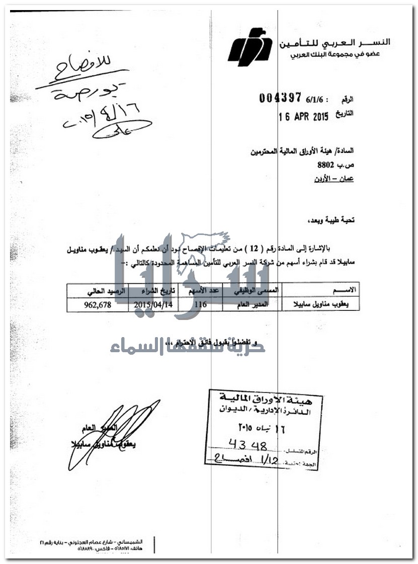 المدير العام لشركة النسر العربي للتأمين يشتري 116 سهما "وثيقة"