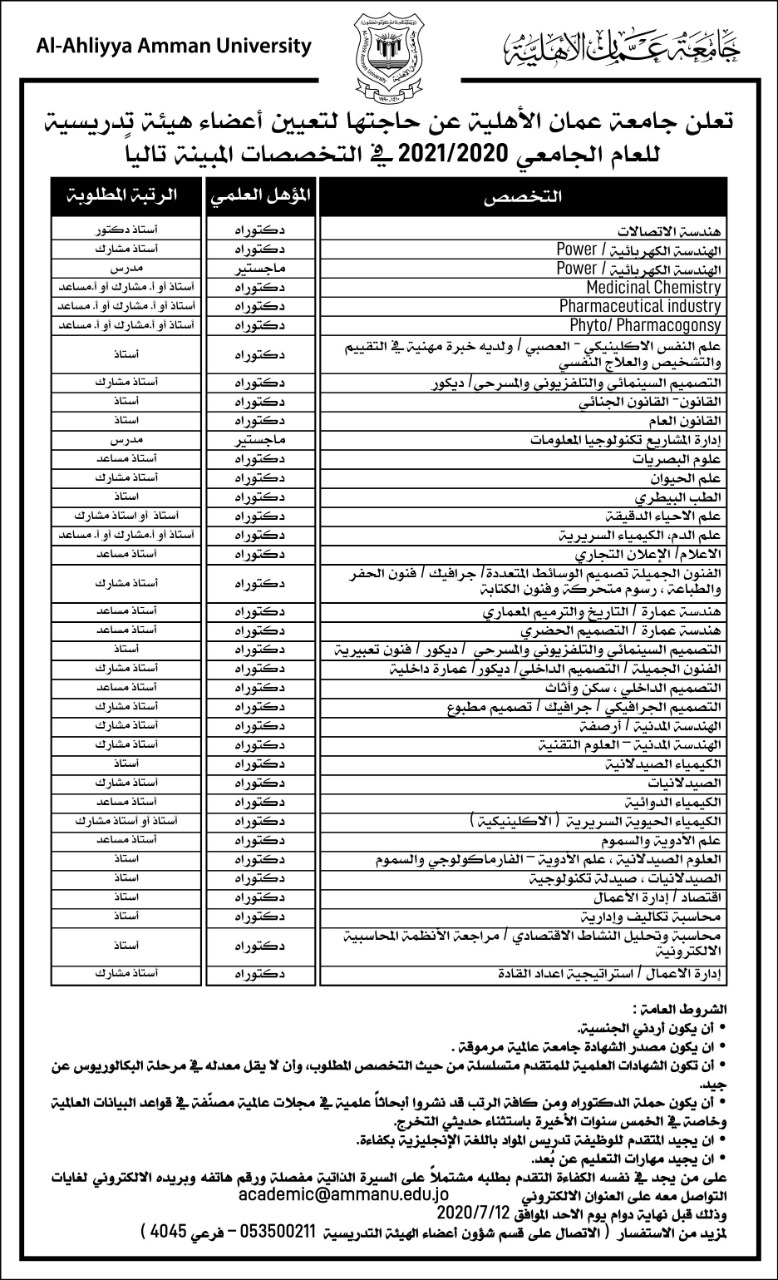 جامعة عمان الأهلية تعلن عن حاجتها لتعيين أعضاء هيئة تدريسية 