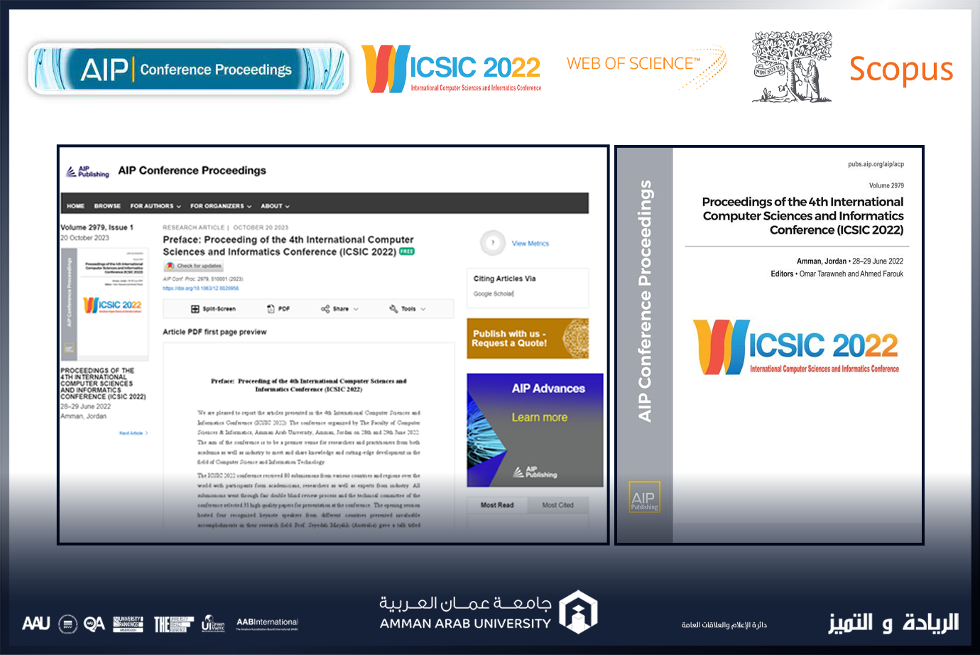 نشر كافة أبحاث المؤتمر الدولي الرابع لعلوم الحاسوب والمعلوماتية ICSIC 2022 المنعقد في "عمان العربية" في قواعد البيانات Scopus