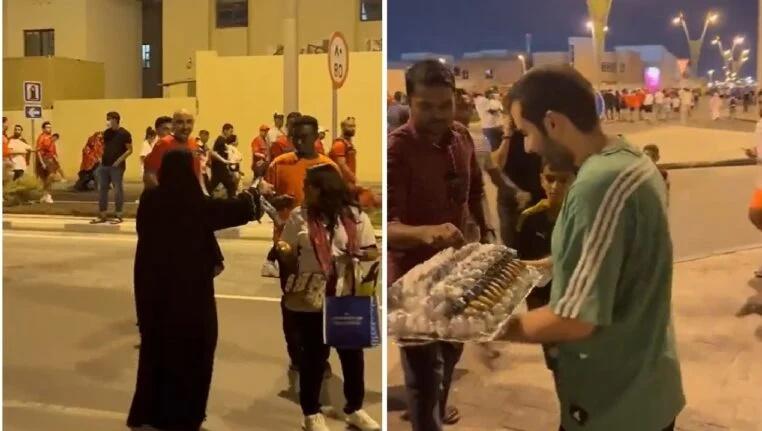 بالفيديو ..  قطريون يوزعون الحلوى بمناسبة فوز المغرب