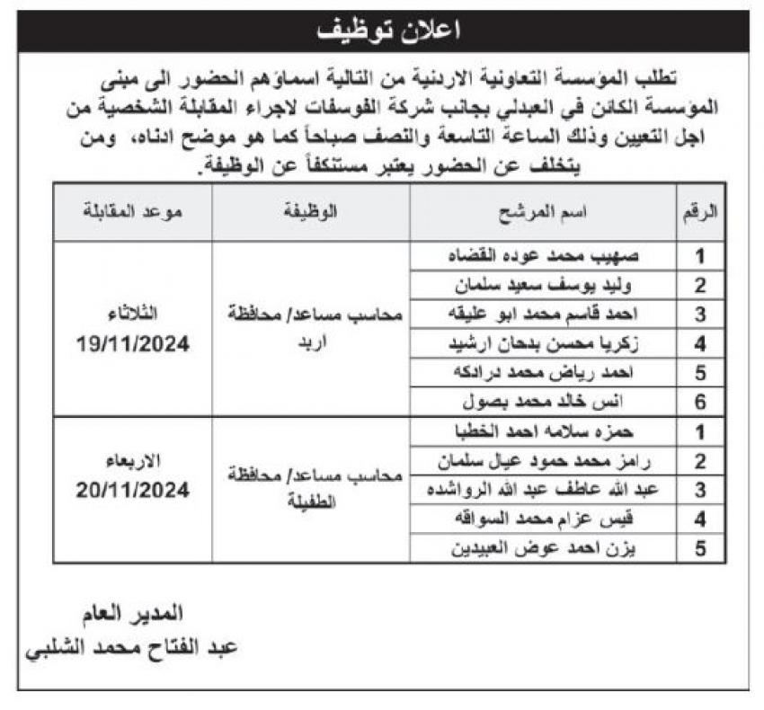 بالاسماء  ..  شواغر ومدعوون للمقابلات الشخصية